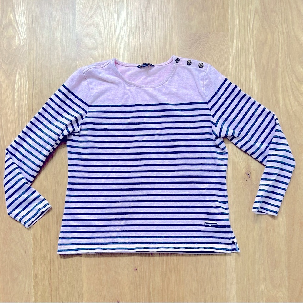 BROOKS BROTHERS Mariner Stripe Top Heather Pink & Blue Brass Buttons